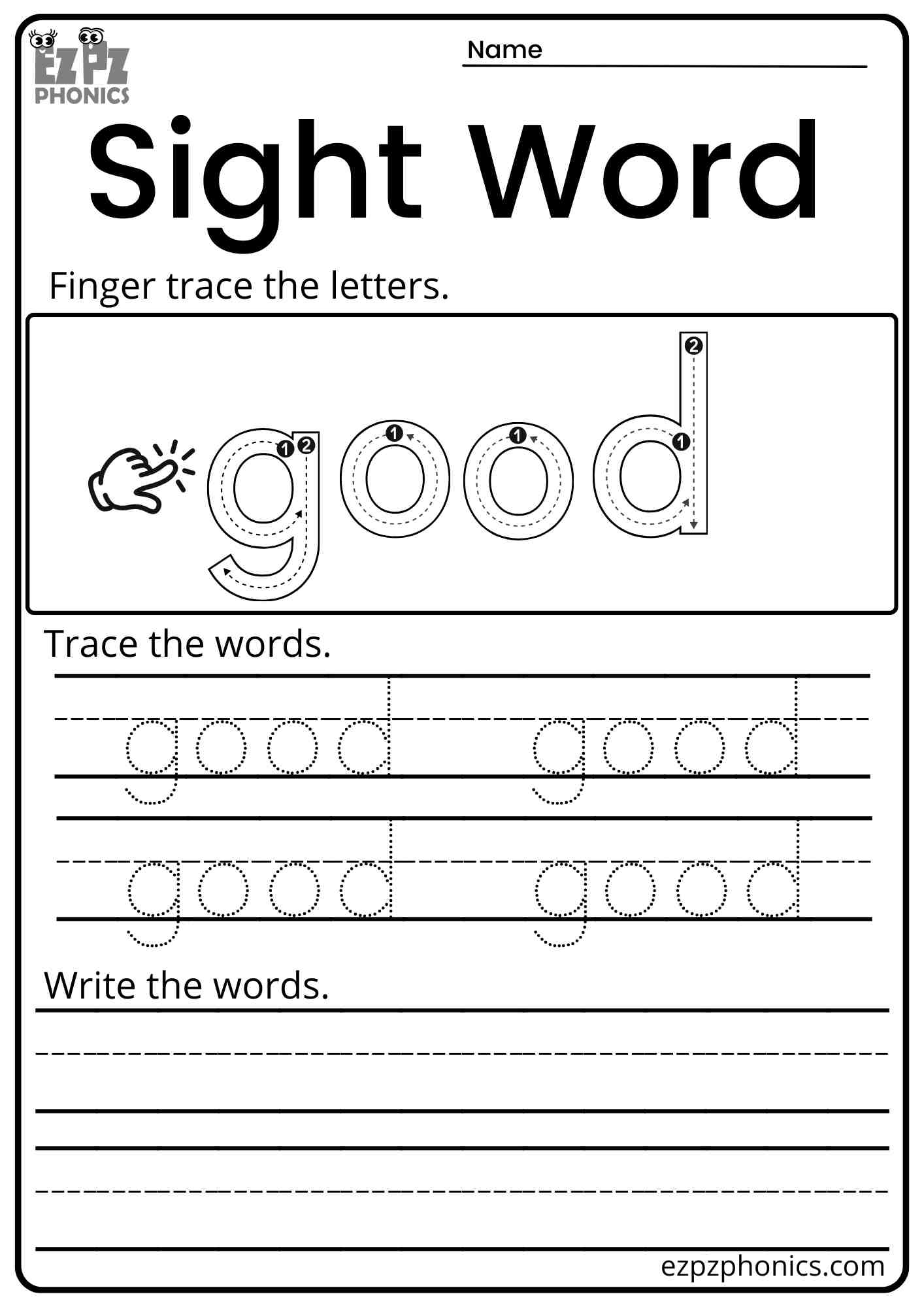 "Good" Dolch Kindergarten Trace and Write the Word Sight Word Worksheet PDF Download